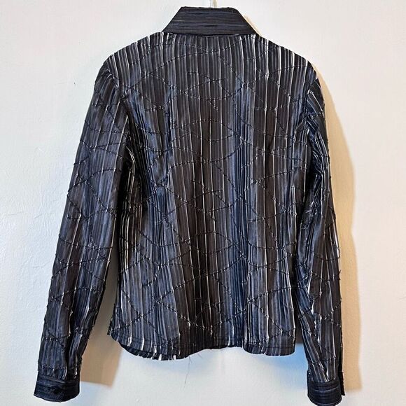 Samuel Dong Womens Button Down Long Sleeve Blouse Collared Textured Black Medium - Picture 2 of 4